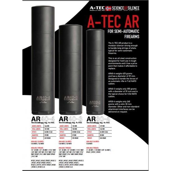 A-Tec AR 40-3 hangtompító, .223 cal., 1/2"-28 UNEF menet, 28dB